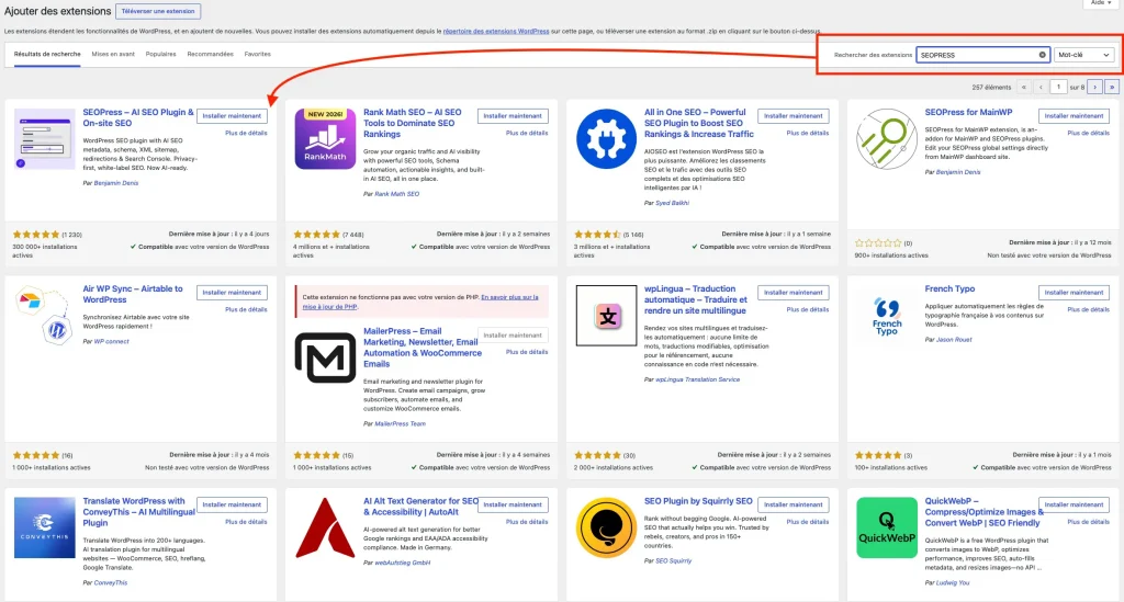 3 utilisation du moteur de recherche pour sélectionner le plugin seo press