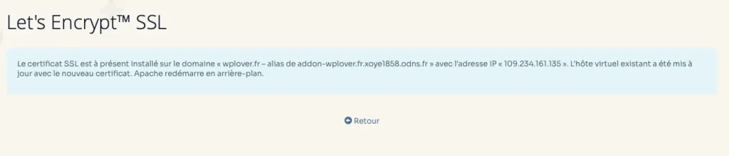7 message de confirmation suite à la génération du certificat ssl let's encrypt