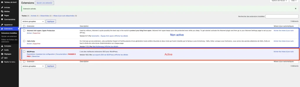 7 tableau présentant les extensions installées sur le site active ou non
